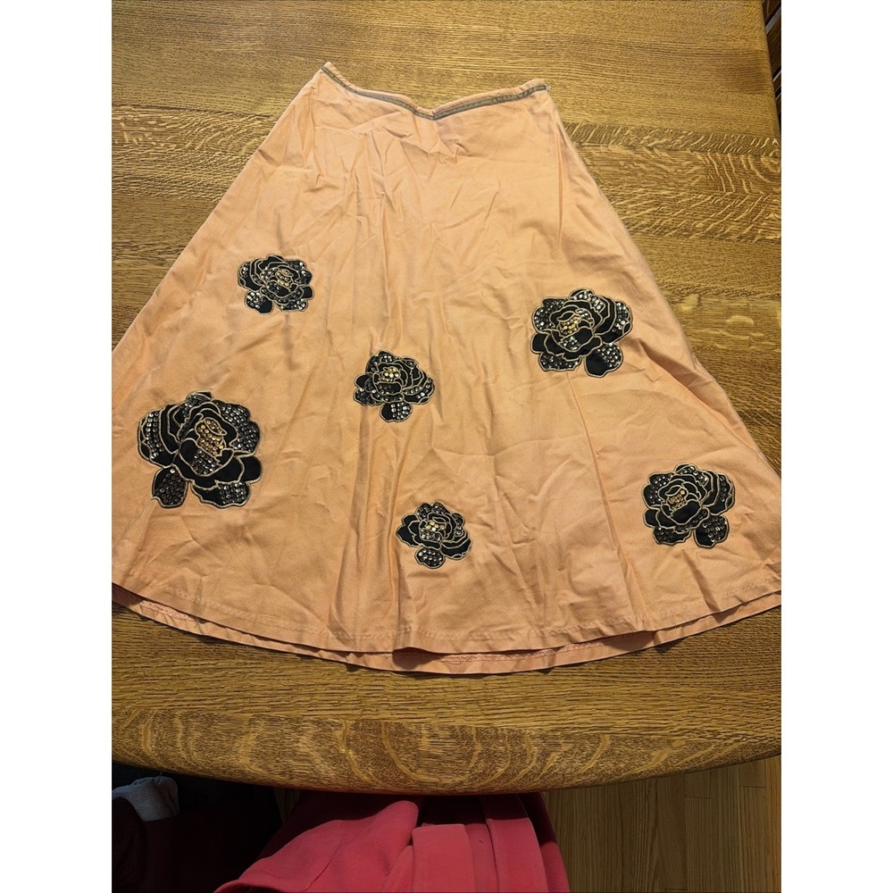 Lapis Peach Midi Swing Skirt Size 4 Boho Floral Peach Applique Embroidered Y2K
